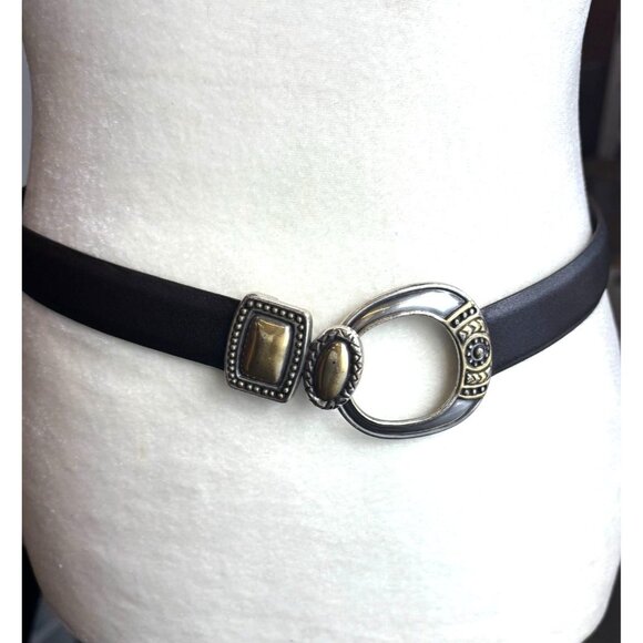 Chicos Black Leather Belt With Silver & Gold Decorative Buckle S/M - Picture 2 of 8
